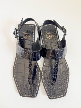 Christian Louboutin Cubango Black Croc Embossed Leather T-Strap Sandals EU 37.5